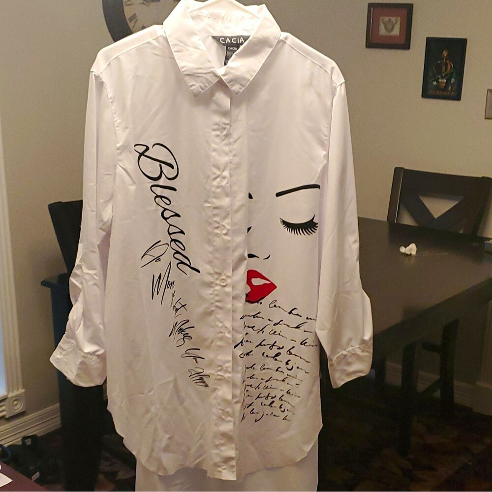CACIA Unisex 2XL White Graphic Art Long Sleeve Point Collar Button-Up Shirt